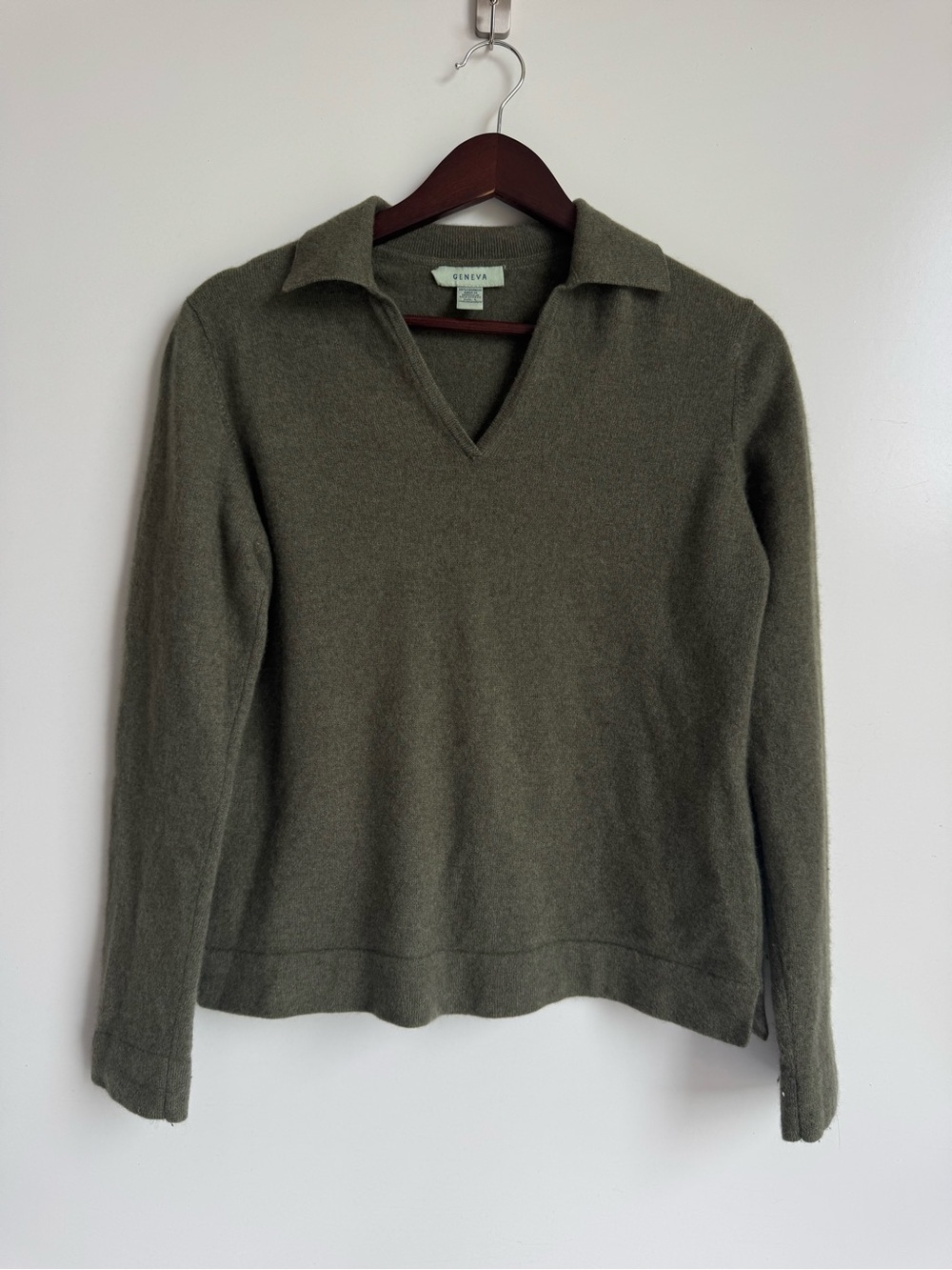 Geneva 100% Cashmere V-Neck Polo Sweater green relaxed open collar‎ Women Large